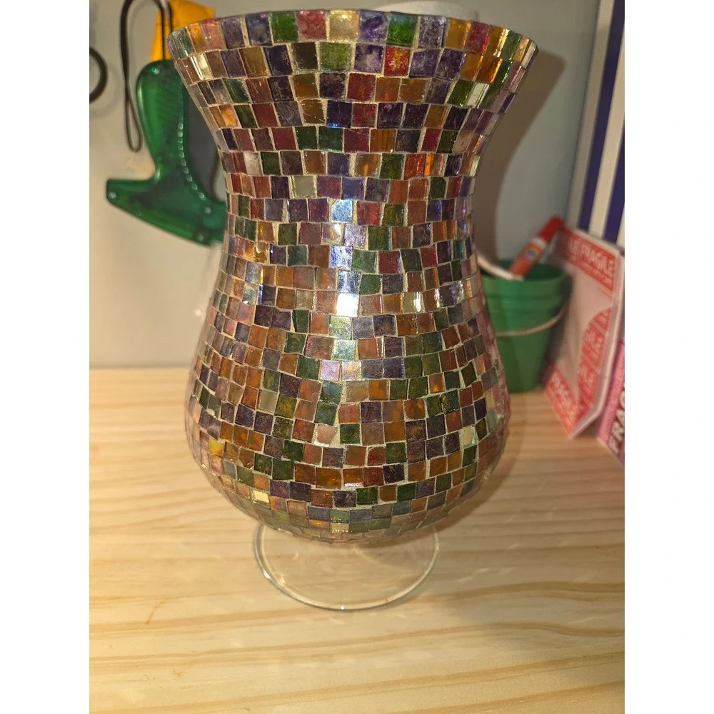 Vintage Mosaic Glass Hurricane Vase Iridescent Multi Color Tile Pedestal Decor